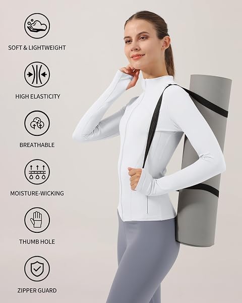 Locachy Veste de sport ajustée, fermeture à glissière intégrale, passe-pouces, pour footing, fitness, entraînement, pour femme - 5