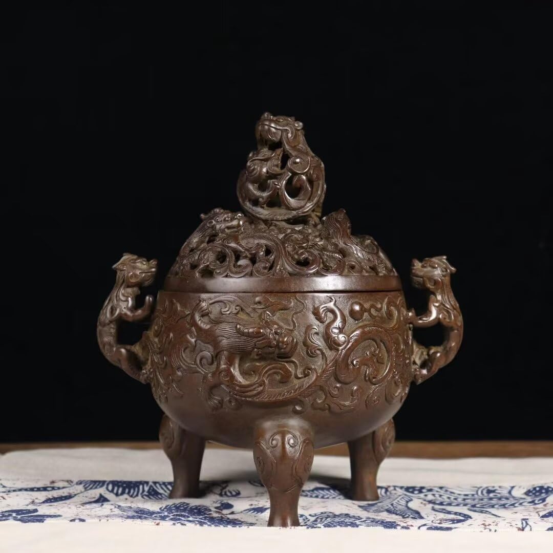 Quemador de Incienso Chino de Cobre Puro, Regalo Zen, Estufa de meditación para el hogar, Oficina, hogar, Estilo Chino con Tapa, Quemador de sándalo Decorativo.