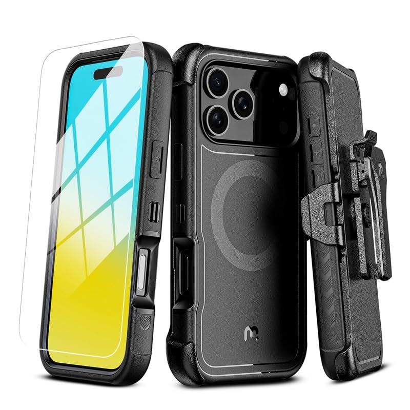 M MYBAT PRO for iPhone 17 Pro Case with Belt Clip Holster [Compatible with Magsafe] w/Screen Protector Anti-Drop Shockproof w 360Rotating Kickstand Heavy Duty Protection (Black)