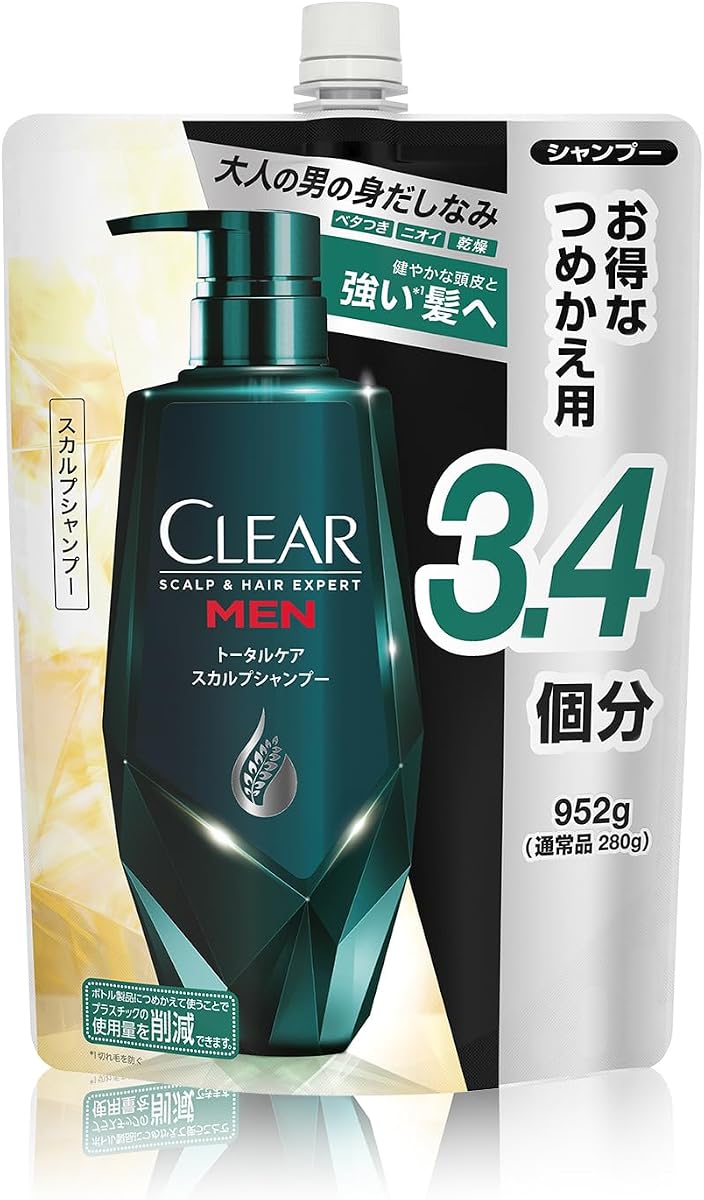 CLEAR For Men Total Care Scalp Shampoo, Large Capacity Refill, 33.6 oz (952 g), Scalp Care, Prevents Oiliness and Stickiness, Refreshing Citrus Scent [Amazon.co.jp Exclusive]