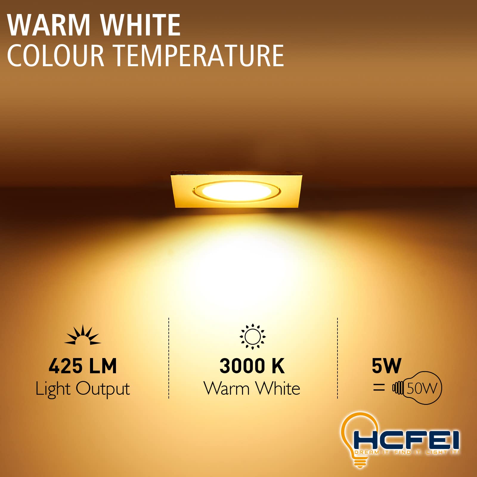 HCFEI LED Einbaustrahler ultra Flach | 425 Lumen | 230V 5W | Dimmbar | Gehäuse Eckig | Schwenkbar | Gold farbig (10er - Warmweiß)