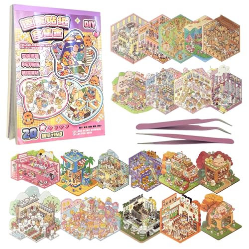3D Sticker Book Scene 20 Sets DIY Miniature World Craft Kit Art Therapy Activity for Adults Kids Family Fun