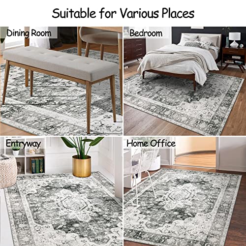 Moynesa Ultra-Thin Washable Area Rug - 5x7 Large Gray Rug for Living Room Vintage Rugs for Bedroom, Non Slip Non Shedding Pet Friendly Dining Room Mat Carpet for Department Office Kitchen
