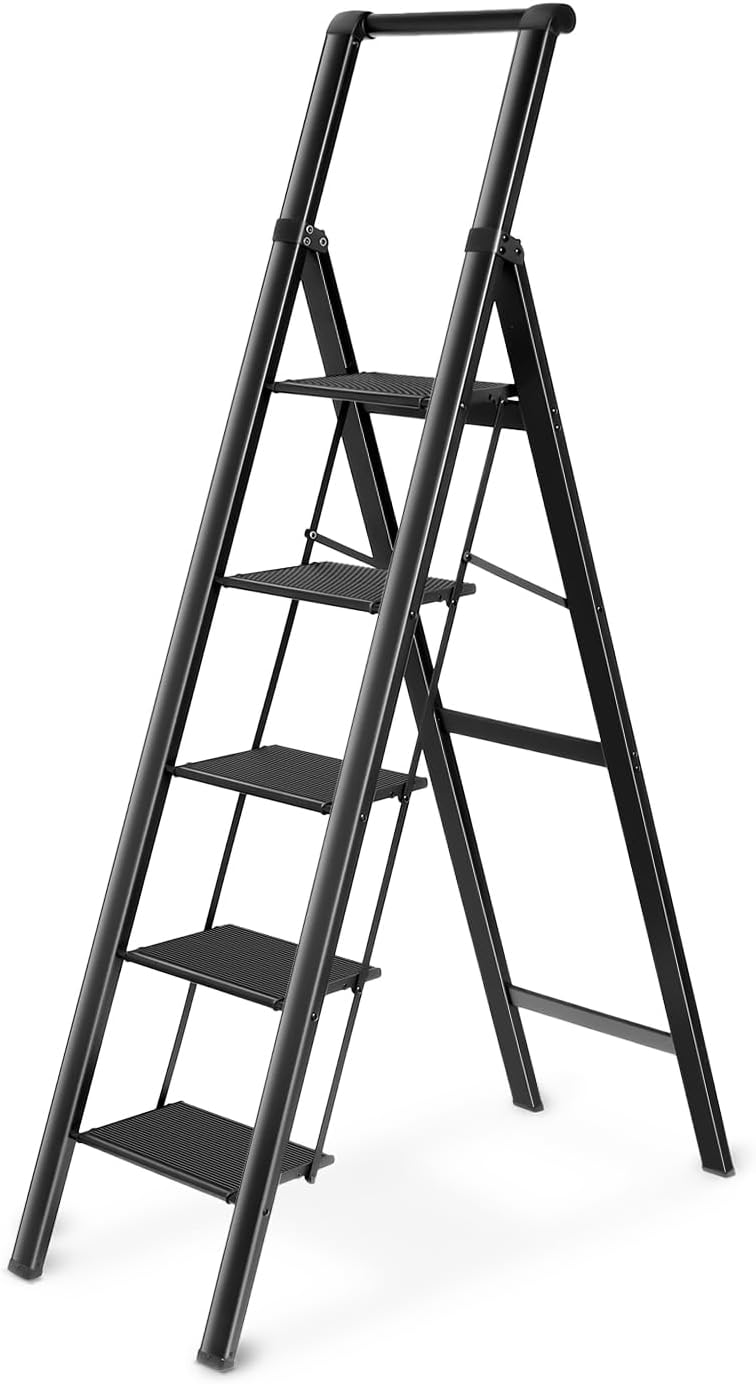 Miscoos 5 Step Ladder, Lightweight Portable Folding Step Stool with Anti-Slip Sturdy and Wide Pedal, 330lb Capacity, Perfect Multi-Use Aluminum Stepladder for Home Kitchen Office, Black