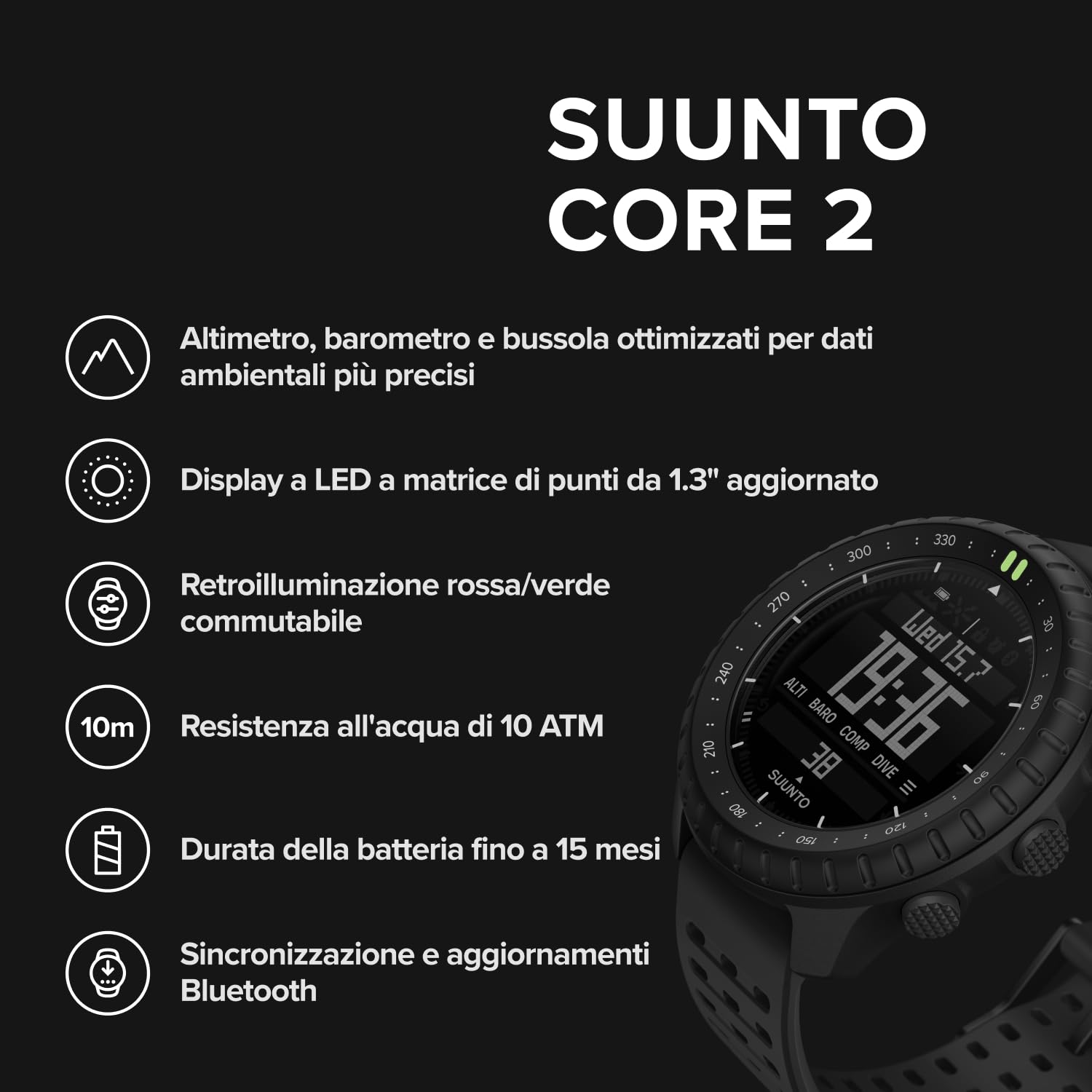 SUUNTO Core 2 Orologio Outdoor, 10 ATM impermeabile, batteria 15 mesi | Altimetro, Barometro, Bussola, Allarme tempesta, Retroilluminazione rosso/verde, Rilevamento passi, App SUUNTO, Nero