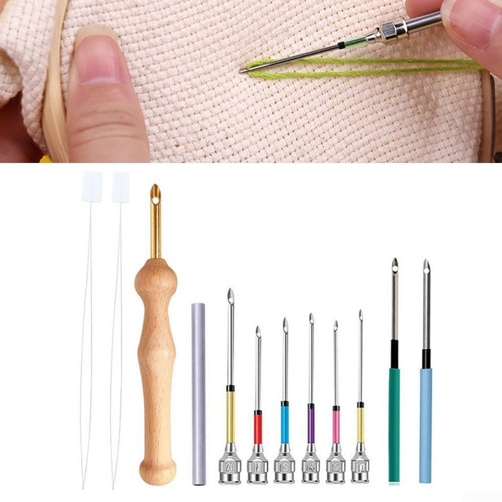 Kit di aghi da ricamo con manico in legno, punte in lega per cucire, arte fai da te su tessuto per decorazioni domestiche e abbigliamento (set 2)