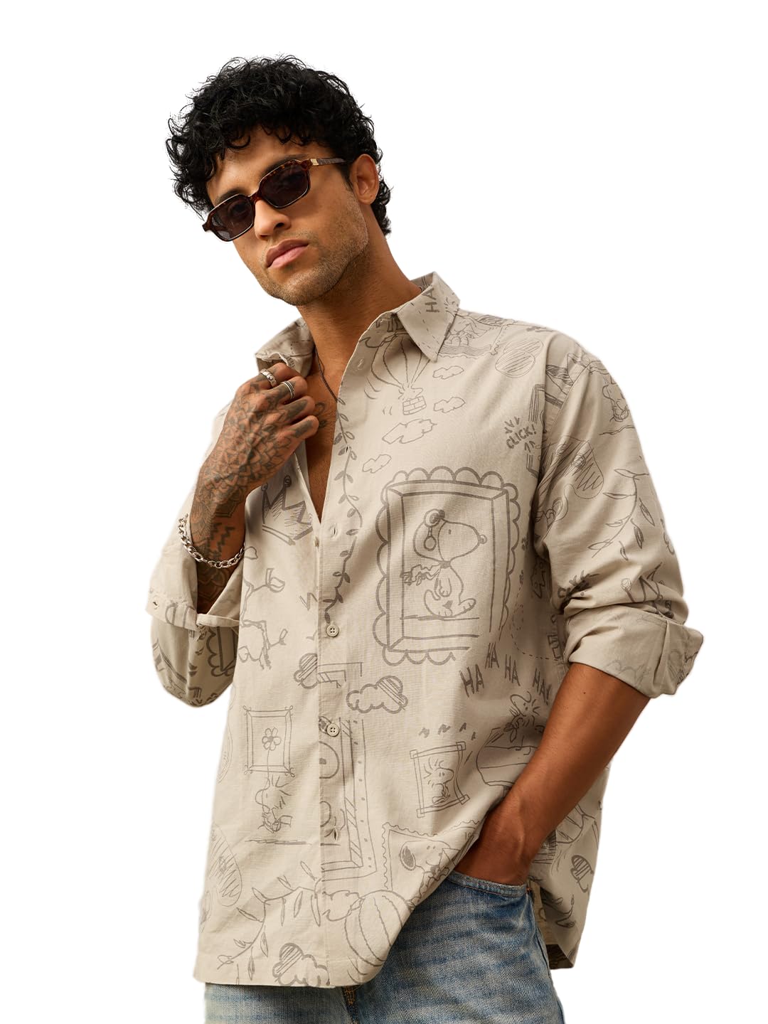 the souled store Peanuts: Day in A Life Men and Boys Long Sleeves Spread Collar Beige Printed Cotton Linen Relaxed Fit Lightweight Breathable Everyday Casual Shirt-picture-28