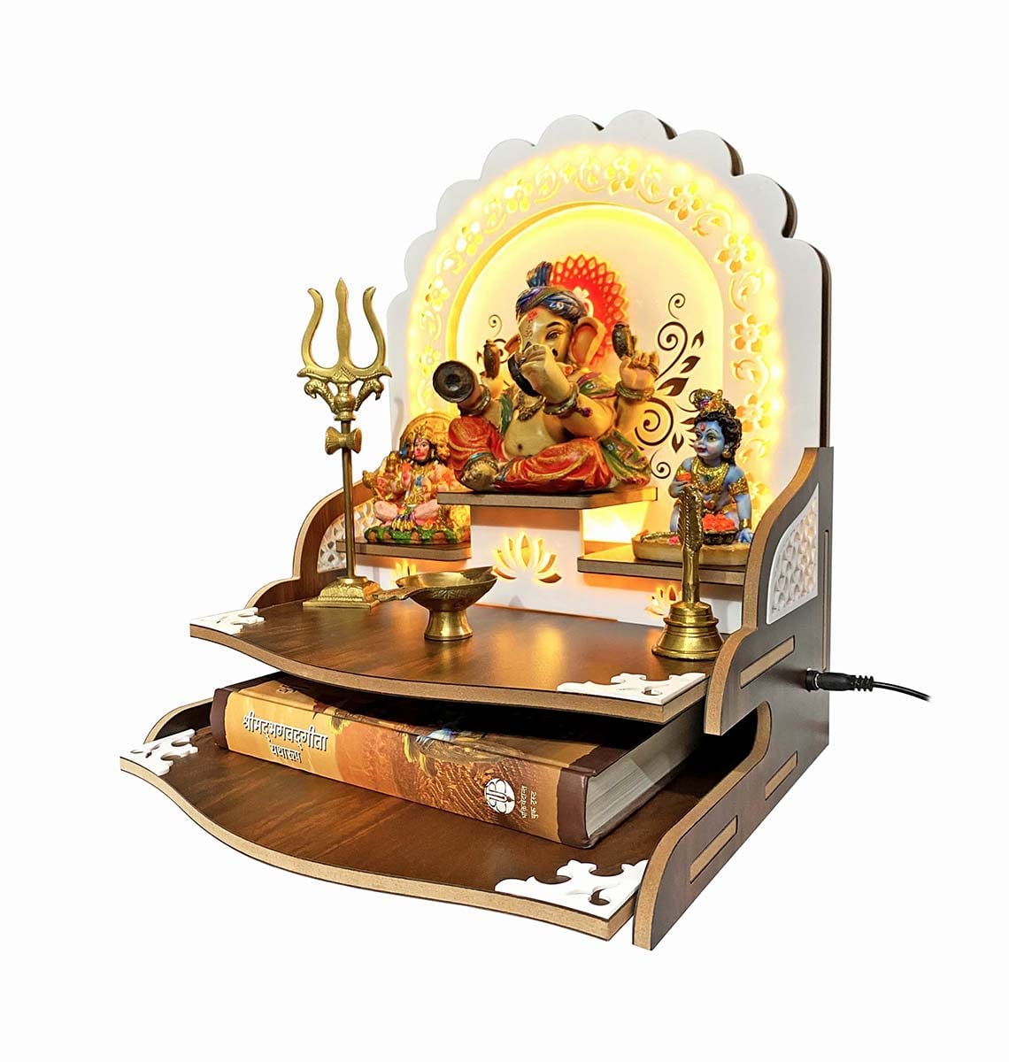 Soporte para el hogar Mandir elegante de madera con foco LED