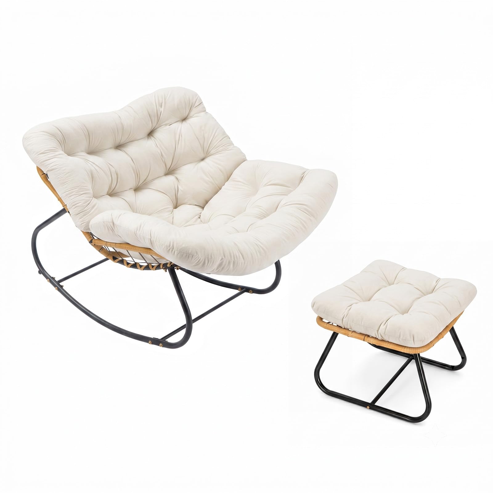 GREENSAPPIRE Oversized Egg Chair – Rattan Wicker Outdoor Rocking Chair with Metal Frame, Large Garden Lounge Chair for Adults, Modern Comfortable Patio Seating (White With footrest)