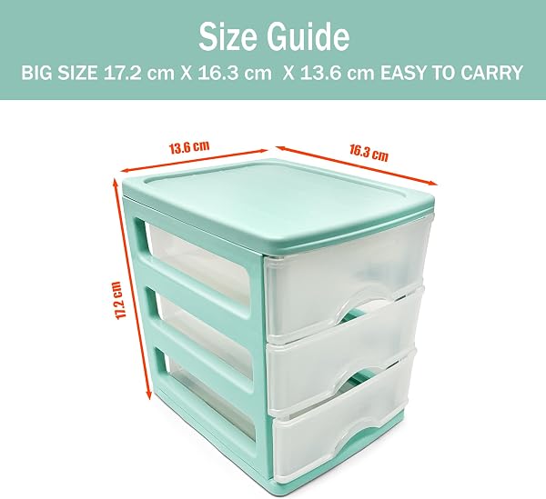 Plastic Desktop Storage Unit with Drawers, Stationary Arts Drawer Desktop Tabletop Organiser Storage Tower Unit for Office Bedroom Garage ((17 x 13.5 x 17cm, Mint Green with 3 Clear Drawers)) - 2