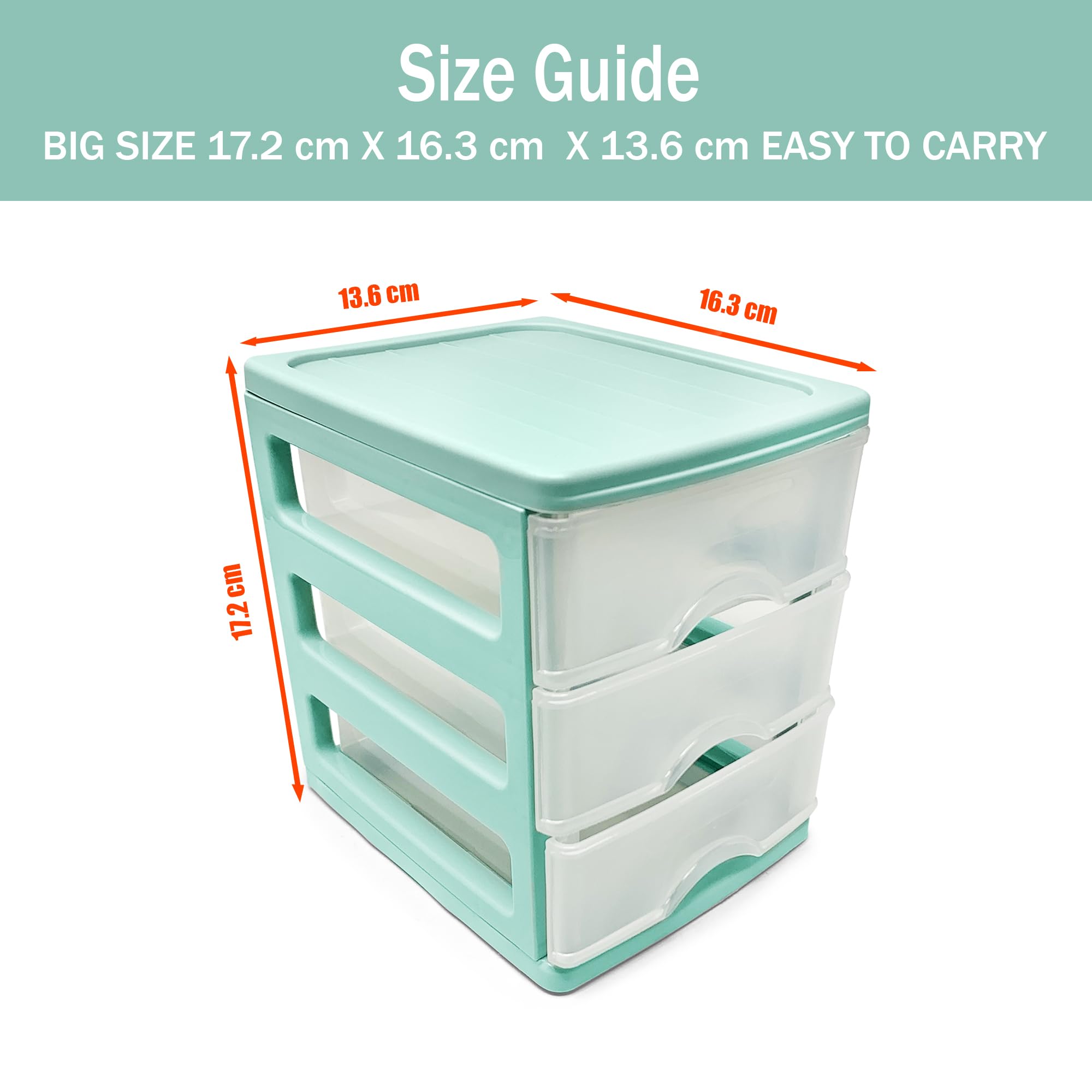 Plastic Desktop Storage Unit with Drawers, Stationary Arts Drawer Desktop Tabletop Organiser Storage Tower Unit for Office Bedroom Garage ((17 x 13.5 x 17cm, Mint Green with 3 Clear Drawers)) — view 2