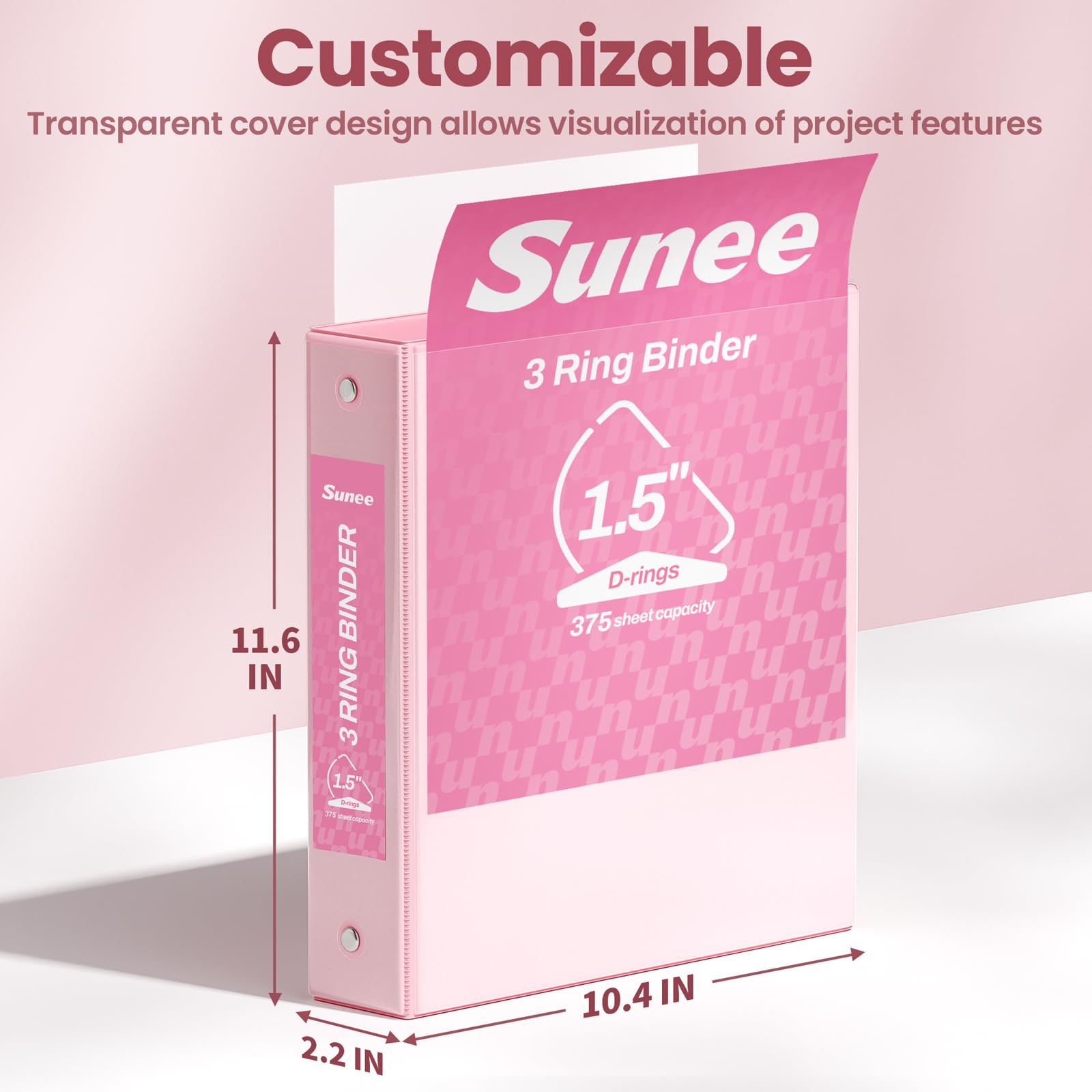 SUNEE 3-Ringbuch, Aktenordner, Ringbücher, 3,8 cm D-Ring, transparenter Ordner, 3 Ringe, PVC-frei (passend für 21,6 x 27,9 cm), für Schulordner oder Bürobedarf, sortierte Pastellbinder, 4 Stück