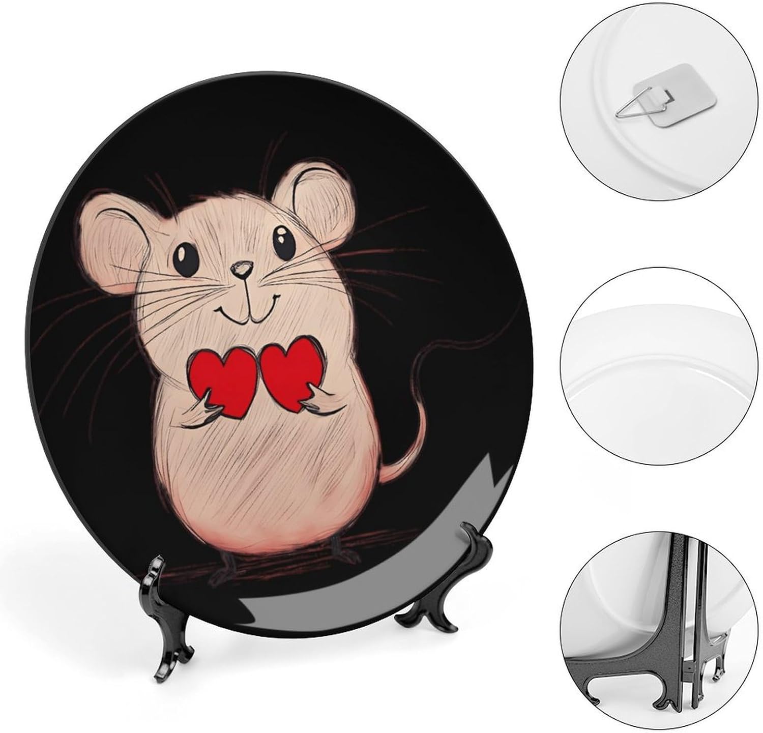 Rats Holding Two Hearts Decorative Plates for Display Ceramic Plate Tray with Stand Hanger Home Decor