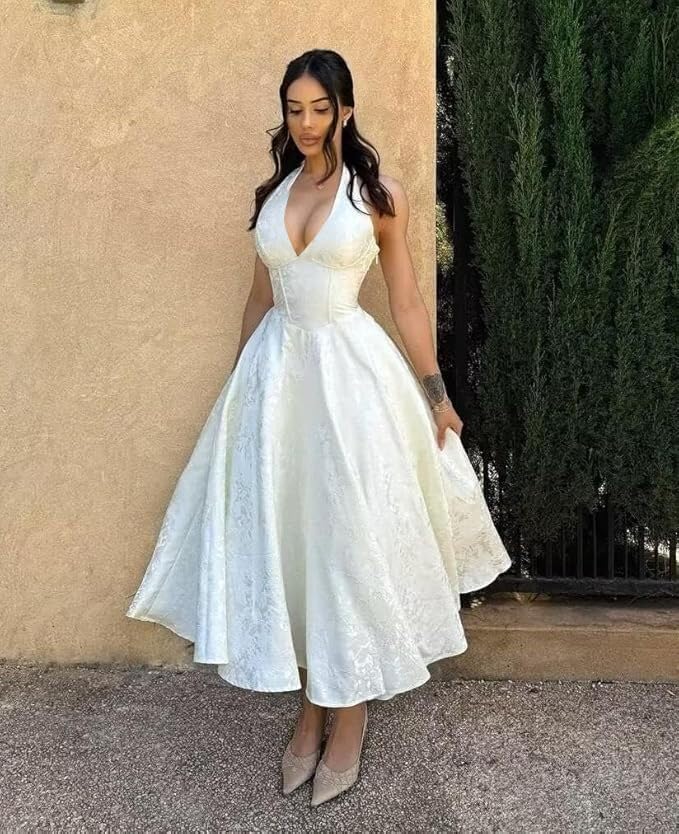 Bow Tea Length Prom Dress for Women Embroidery Satin Evening Party Gown A Line Corset Cocktail Dress3