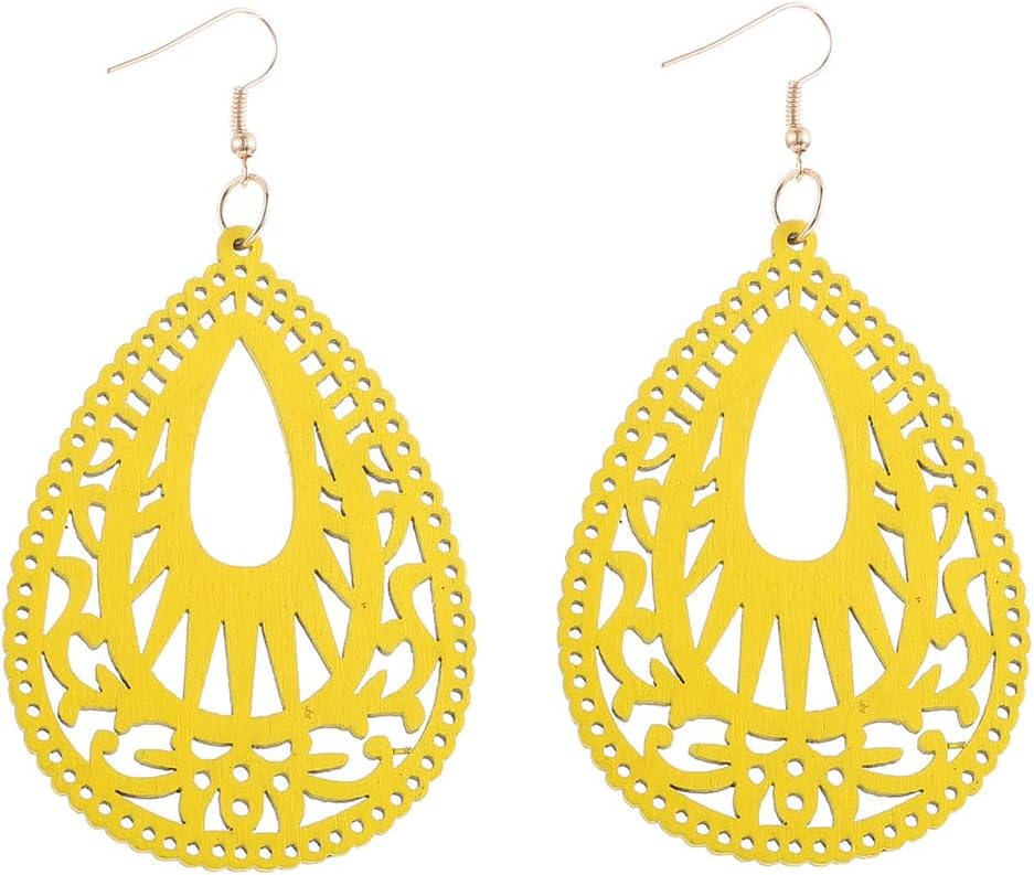 Bohemian Geometric Wood Earrings for Women Vintage Natural Wooden African Lightweight Teardrop Dangle Earrings Statement Boho Jewelry