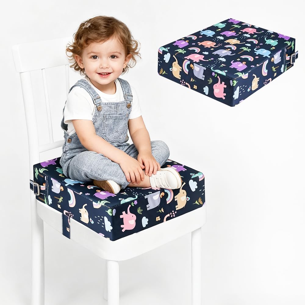 Rialzo Sedia Bambini Lavabile Rimovibile Portatile con Cinghiette Antiscivolo (Elefanti)