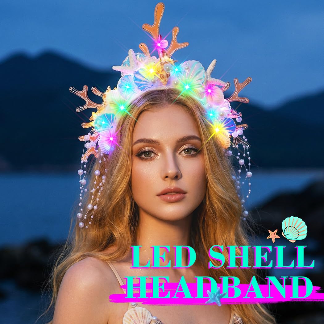 JEAIRTS Light Up Mermaid Headband Glow Shell Hair Band Led Pearl Starfish Costume Hair Accessories for Women - Image 7