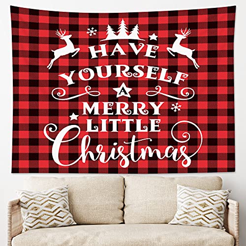 Hvest Christmas Tapestry Wall Hanging Merry Christmas White Text And Reindeer Xmas Tree On Red Plaid Tapestries Wall Decor Blanket For Bedroom Living Room Dorm Home Holiday Party,60X40 Inch #TOP1