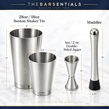 Boston Shaker Set for Cocktails with 28oz and 18oz Weighted Tins, Professional Muddler and Jigger - Stainless Steel Bar Tools (4pc Set)