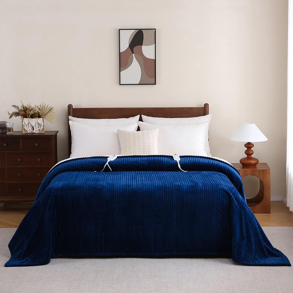 Sheet&Joy Heated Blanket Electric Navy Blue Throw - 50"x60" Heating Blanket Throw 1/2/4/6/8 Hours Auto-Off 8 Heat Level Over-Heat Protection Ribbed Flannel Sherpa Electric ETL Certification - Image 4