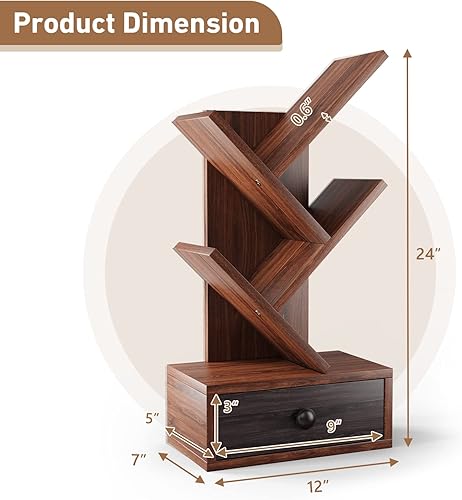 Miniatura 3 de Giantex Estantería de árbol de 5 niveles con cajón, estante de almacenamiento de libros pequeños retro independiente para lugares pequeños,