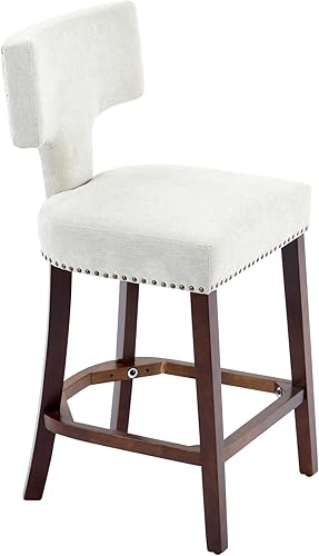Miniatura 4 de Set of 2 Counter Height Bar Stools with Farmhouse Linen Upholstery, Curved Backrest Dining Chairs with Hardwood Frame for Kitchen Counter, Table &