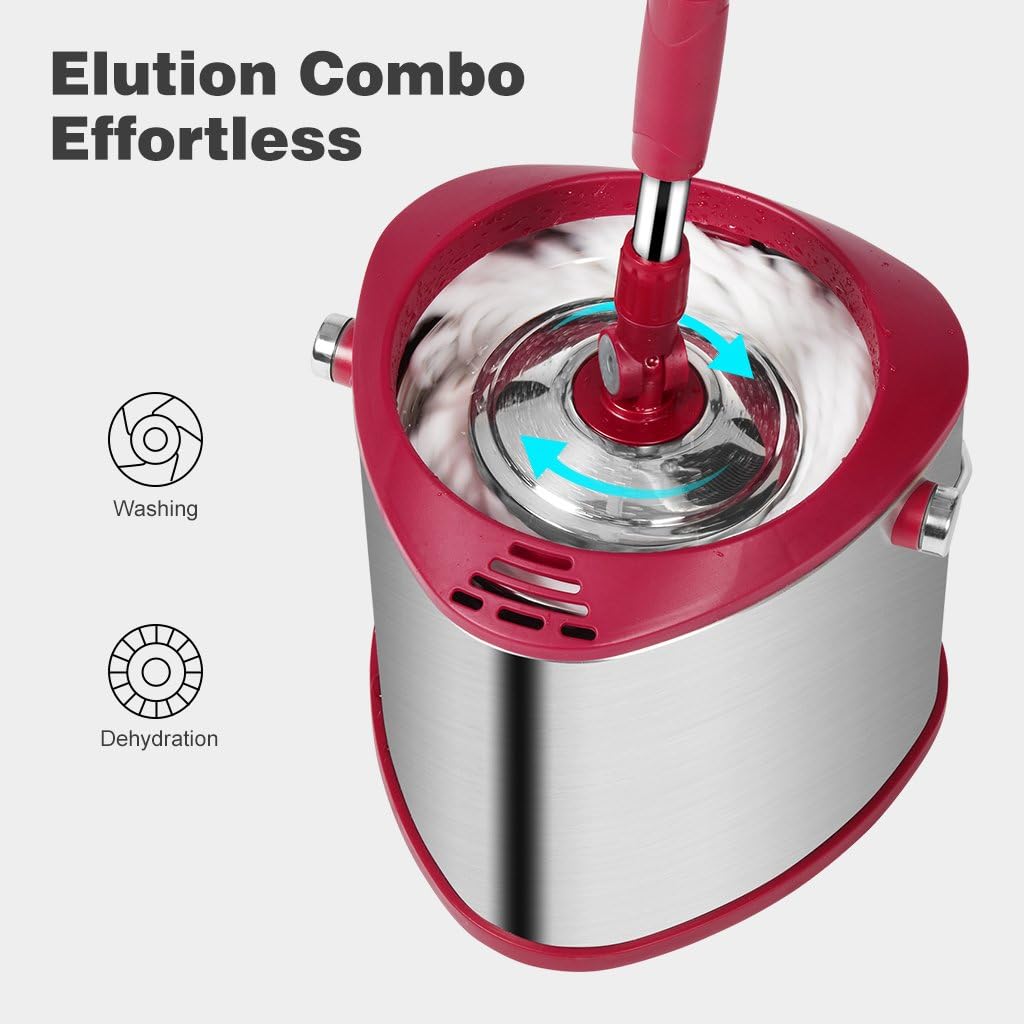 Finether Single Bucket Spin Mop Cleaning System, Space Saving Stainless Steel Easy Wringing Wet Dry Mop Set for Hardwood Tile Floor (1 Telescoping Handle + 1 Single Bucket + 3 Microfiber Mop Heads)