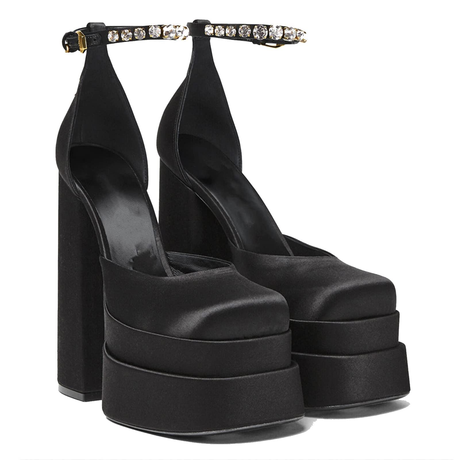 AMINUGAL Womens Platform Dress Pumps Ankle Strap Block High Heel Silk Satin Square Toe Fashion Rhinestones Heeled Pumps for Women