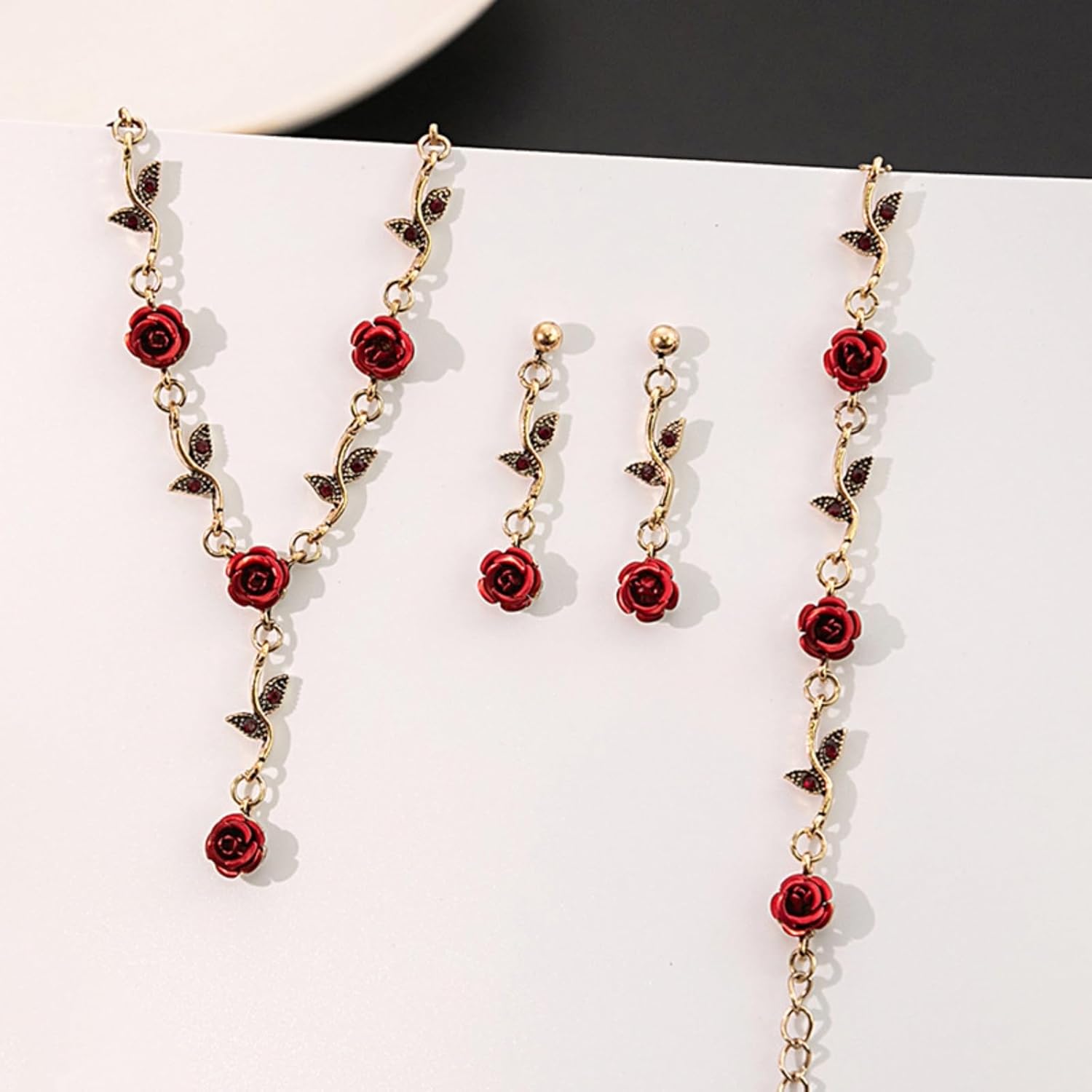 3 Pcs Red Rose Jewelry Set for Women Fashion Elegant Flower Pendant Necklace Bracelet Stud Earrings Wedding Valentine's Day Birthday Party Jewelry Gift - Image 6