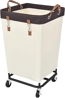 Beige Laundry Basket with Wheels, Metal Frame & Handles, Rolling Hamper for Bedroom, Bathroom, Dorm, Hotel StorageWorks 160L Laundry Basket with Wheels, Rolling Hampers for Clothing