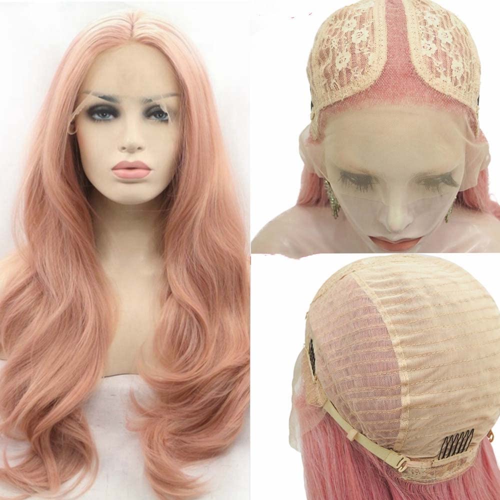 Melody Wigs Mixed Pastel Pink Synthetic Peach Pink Red Lace Front Wigs T Part Lace pink Wig Long Body Wave Heat Resistant Fiber Long Wavy