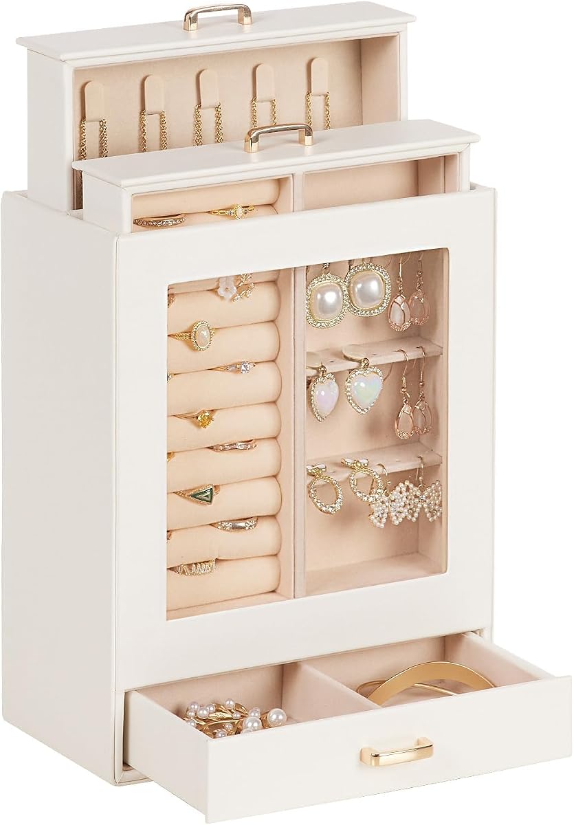 Homde Display Joyero para niñas: Organizador inicial con ventana transparente | Cajones verticales para pendientes, anillos, collares, tamaño compacto que se adapta a tocadores pequeños, regalo de cumpleaños y graduación para adolescentes