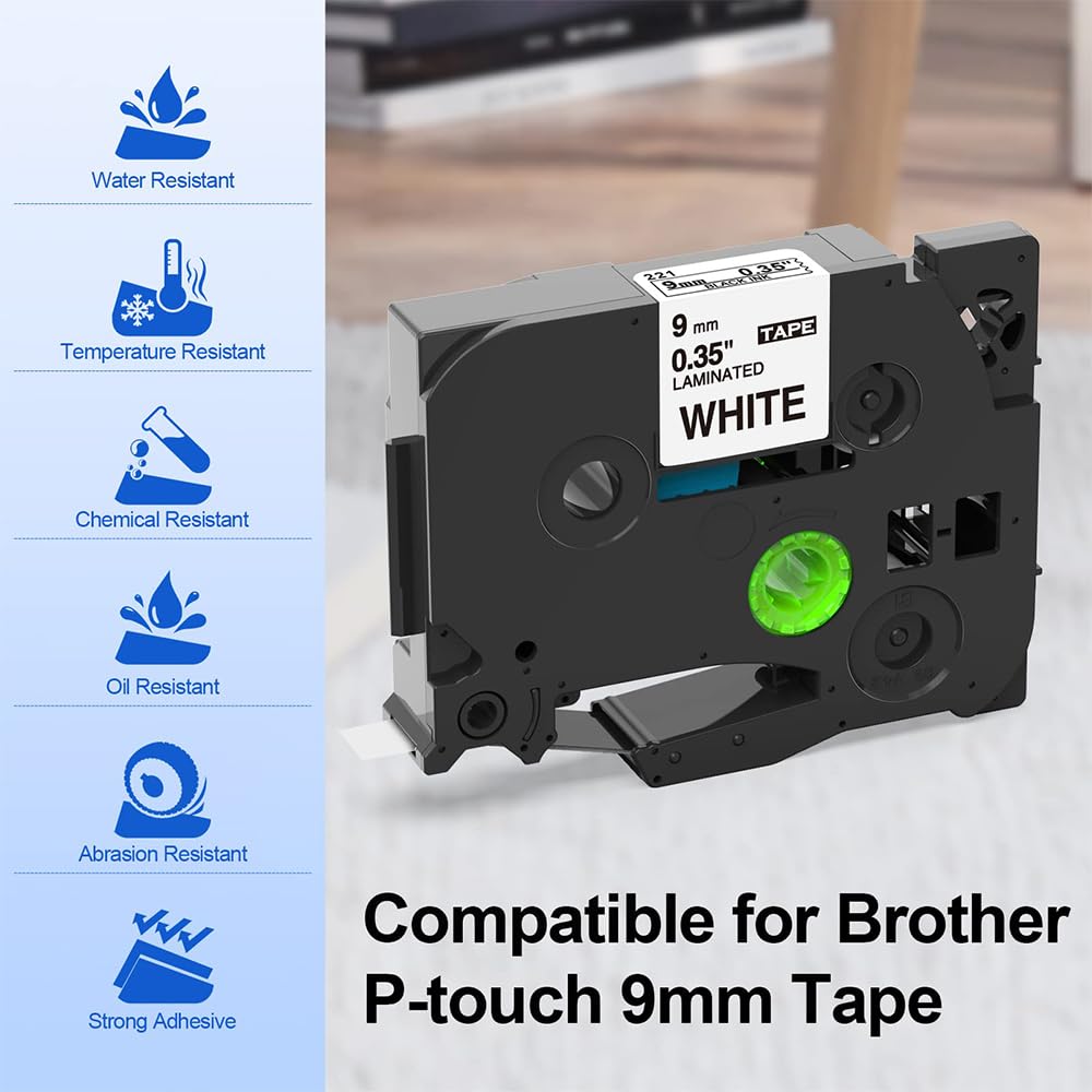 Replacement for Brother TZe-221 TZe221 P Touch Label Tape 9mm TZe TZ Tape 9mm 0.35'' Laminated White for PT-H110 PT-E110 PT-H100R PT-H108 PT-H101C PT-H200 PT-1000 Label Makers - Image 2