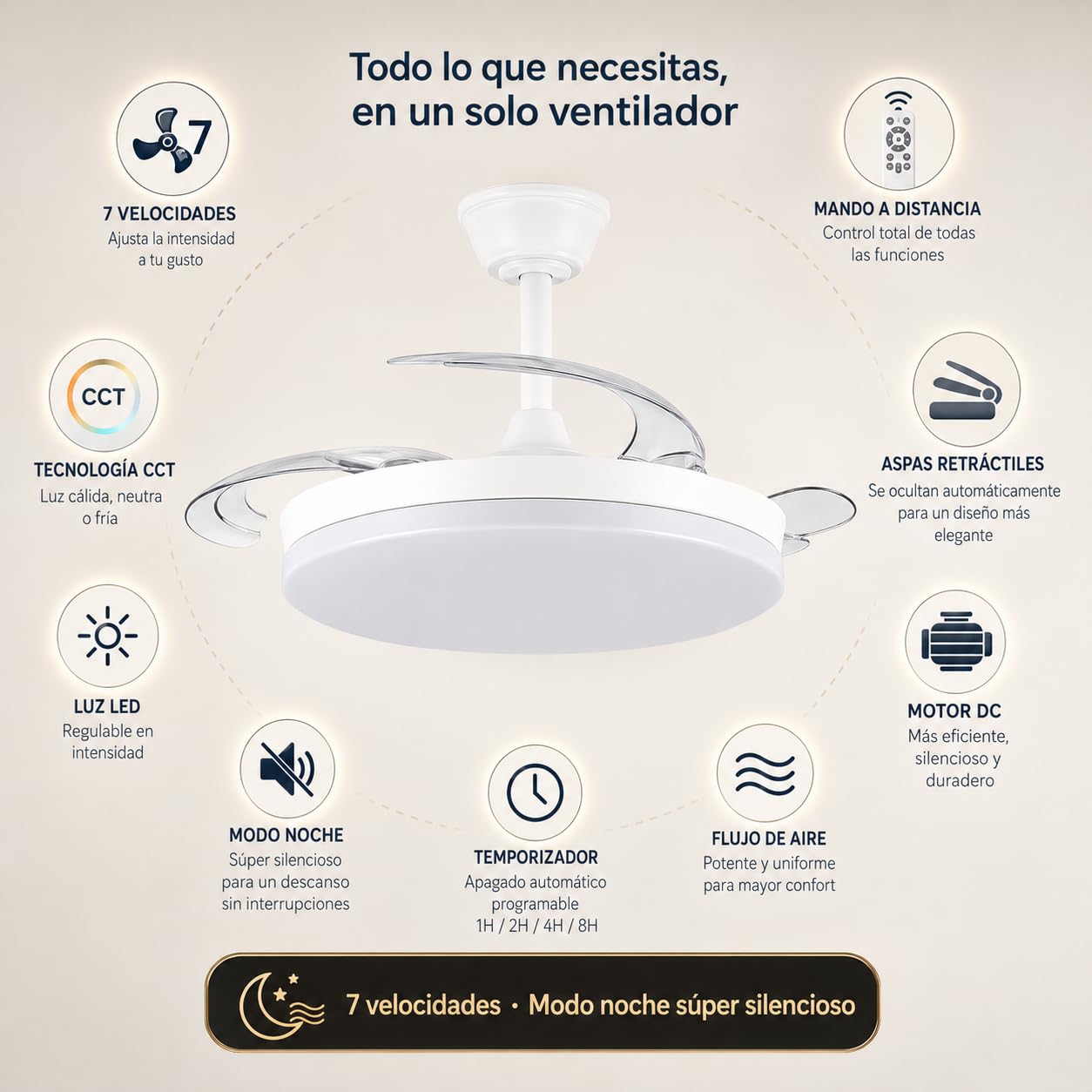 wonderlamp - Ventilador de Techo ultra silencioso, 7 velocidades, LED Verno Eco Blanco, Aspas Retráctiles, Motor DC, CCT Regulable 3000K-6000K, Mando, Función Noche, Verano Invierno, Ø106 cm