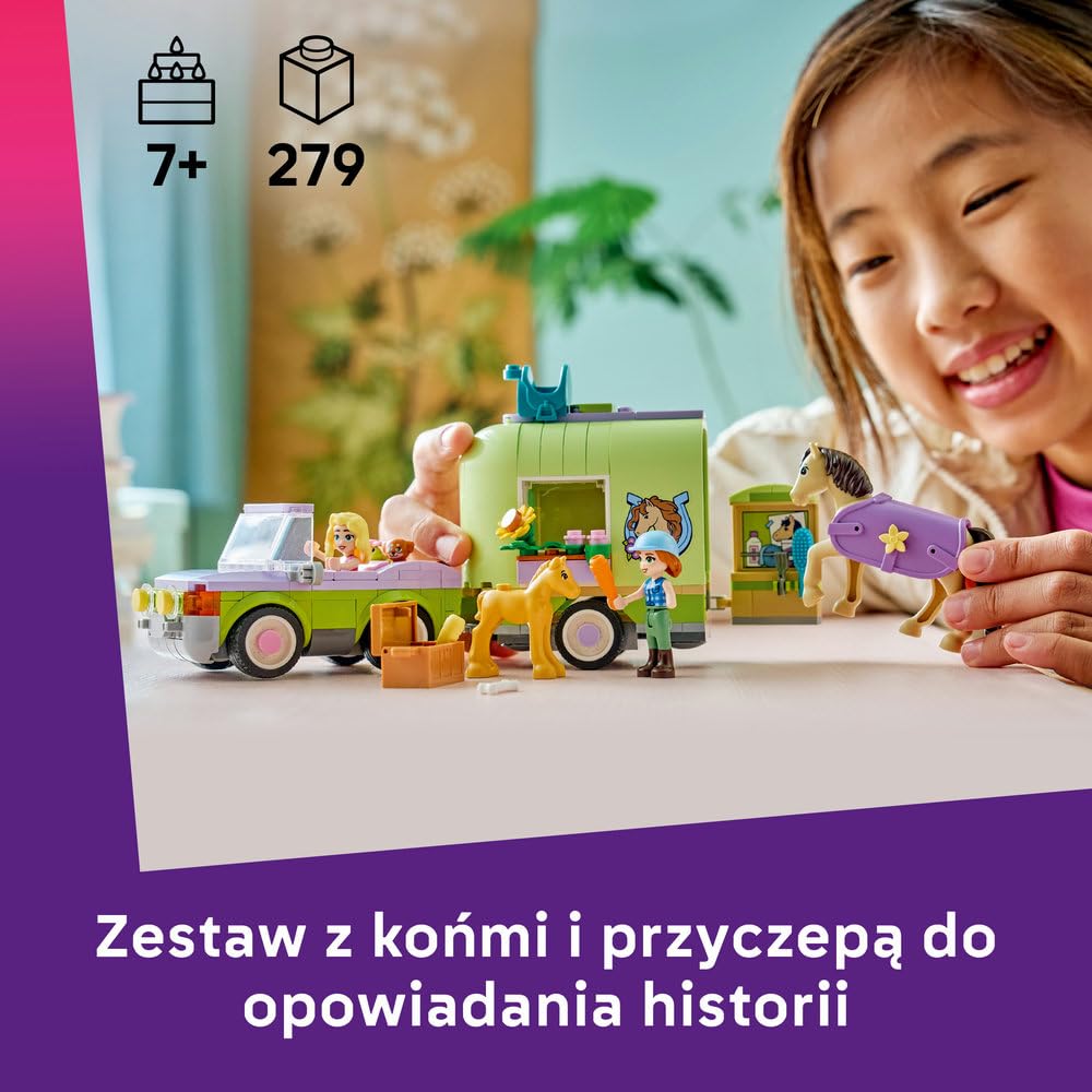 LEGO Friends Przyczepa z koniem i źrebaczkiem, zabawka dla dzieci z 2 minilaleczkami i figurkami zwierząt, kreatywne klocki na prezent dla 7-latki, dla dziewczynki, chłopca, miłośniczki koni 42695