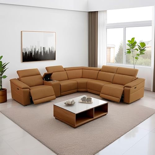 Power Reclining Sectional Couch,Breathing Leather Recliner Sofa Set with USB Ports, 5-Seater Leather Reclining Couch Set with Console and Cup Holder for Living Room/Home/Office(Light Brown)