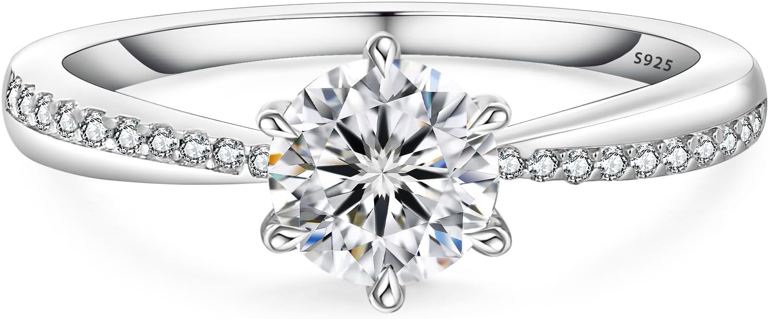 KRKC&CO Moissanite Rings for Women, 0.5-2.0 CT Engagement Rings, D Color VVS1 Clarity, White Gold Plated S925 Sterling Silver, Promise