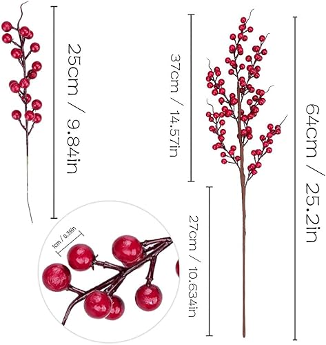 Miniatura 2 de GREENTIME Paquete de 6 tallos artificiales rojos de bayas largas falsas de 25.2 pulgadas, púas de Navidad, ramas de bayas de acebo sintéticas para