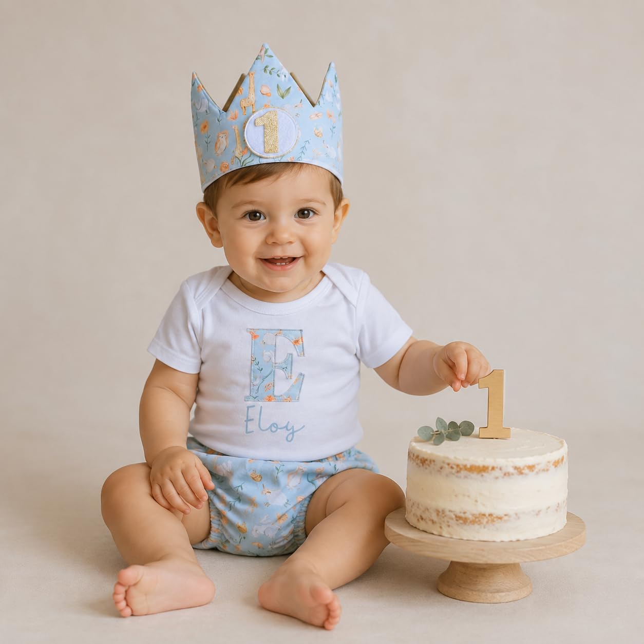 Conjunto Cumpleaños 1 año Personalizado - Camiseta con nombre Bebé - Regalo primer cumpleaños - Smash Cake - Corona cumpleaños
