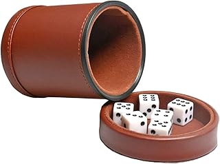 PU LeatherDice Cup with Lid/ Cover for Yahtzee, Includes Six 16mm Regular Dices, Brown Felt-Lined, Quiet Shaker for/ Farkl...