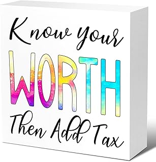 LVQHI Inspirational Desk Decor for Women, Know Your Worth Then Add Tax Sign, Motivational Wooden Box Sign for Home Bedroom Office Desk Decor, 5x5 V535