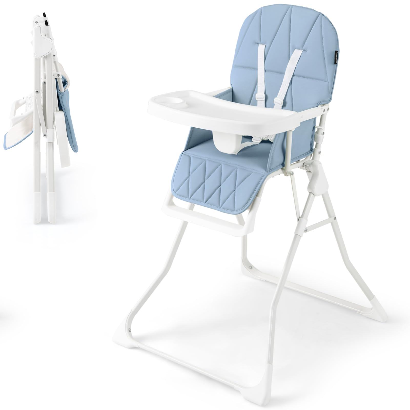 Maxmass Foldable High Chair, Compact High Chair with 3-Position Adjustable Dishwashable Tray, Removable Seat Cushion, 5-Point Safety Harness, Highchair for Baby Infant (Blue Without Basket)