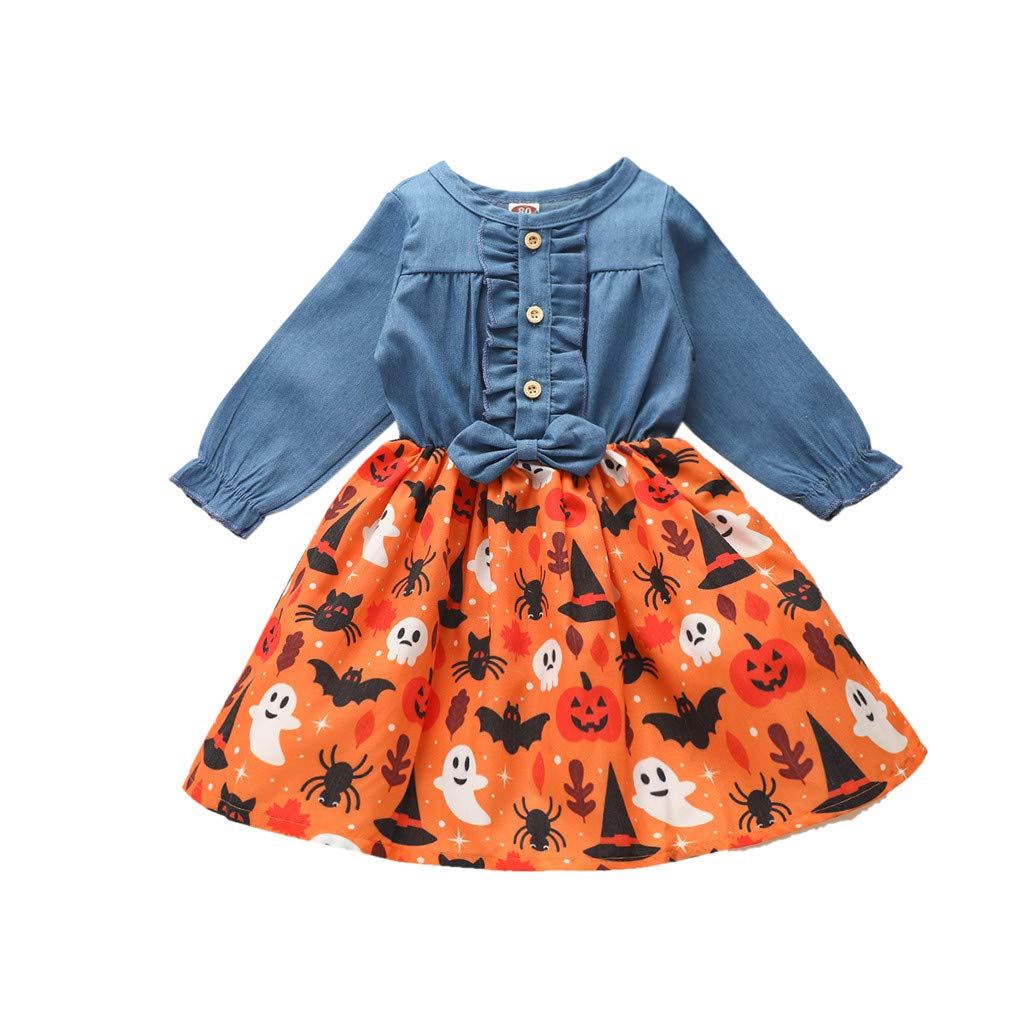 Baby Toddler Girl Clothes Halloween Dress Denim Bowite Cartoon Pumpkin Print Party Dress Outfits