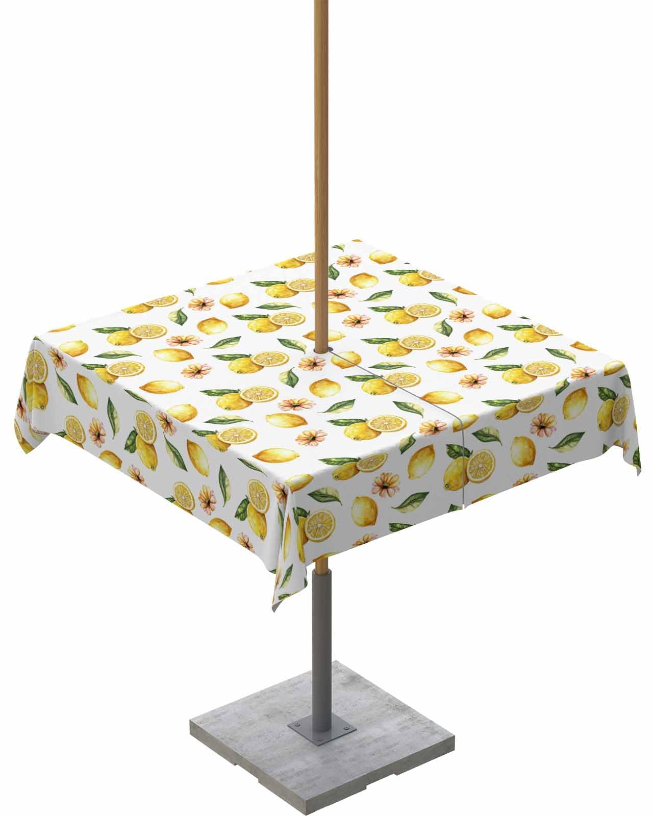 QueenKer Summer Lemon Outdoor Tablecloth with Umbrella Hole and Zipper 54 x 54 Inch Pastoral Flowers Table Cover for Square Tables Waterproof Tabletop