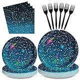 96Pcs Galaxy Party Supplies Iridescent Space Stars Birthday Plates and Napkins Tableware Sets Blue Starry Night Sky Decorations Favors for Mens Boys Baby Shower Galaxy Theme Party Decor Serves 24