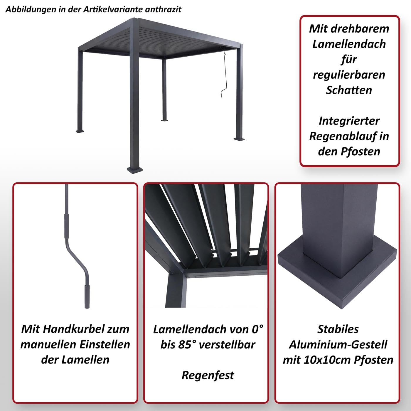 Pergola Mendler HWC-P65, pawilon ogrodowy na taras, pawilon z lamelami, stabilna rama aluminiowa 10 cm, wymiary: 3 m x 3 m - antracyt