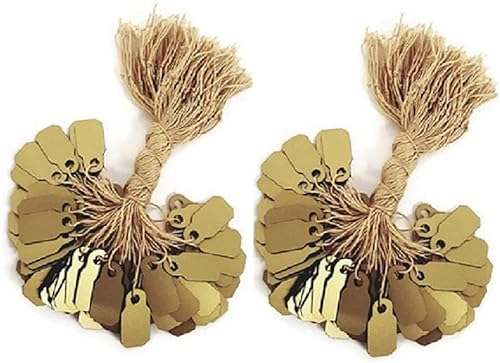 Etiquetas de plástico doradas, etiquetas de precio de joyería con cuerda (200 piezas)