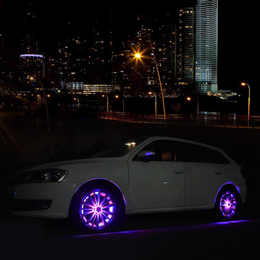 ZH-VBC Tire Lights Led Car, Waterproof Solar Led Flashing Light Car Tire Decoration Fitting Hot Wheel, RGB Flashing Colorful Exterior Lights, Safety Warning Light, 4Pcs,red-Blue