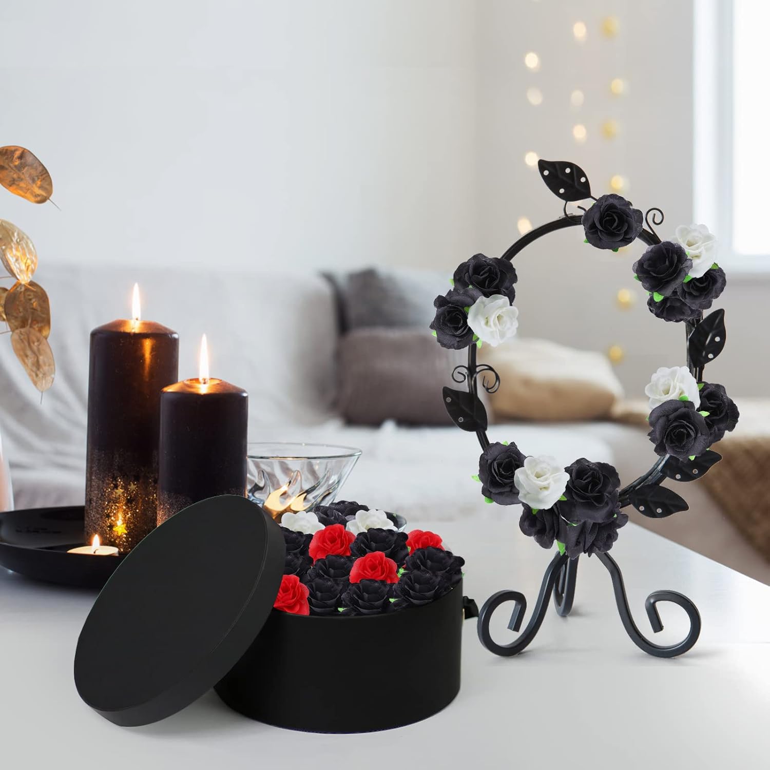 Yinsun 50pcs Mini Black Roses Artificial Flower Heads, 1.57” Real Touch Black Silk Fake Flowers for DIY Craft Home Decor Halloween Party Decoration - Image 4