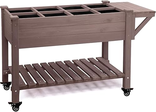 Aivituvin Cama de jardín elevada de 52.7 x 22 x 30 pulgadas, soporte de madera elevada con ruedas para jardinería al aire libre, forro incluido,